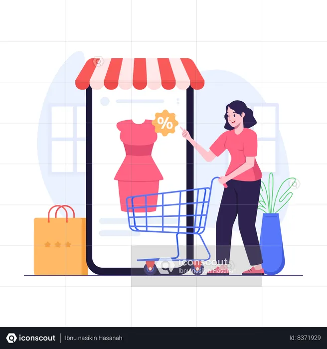 Mujer comprando vestido en línea usando teléfono móvil  Ilustración