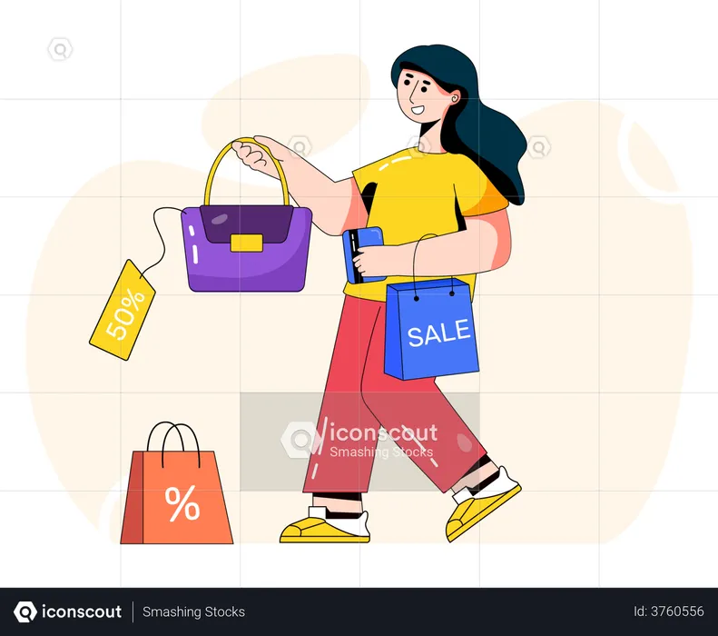 Mujer comprando vestido que está en oferta  Ilustración