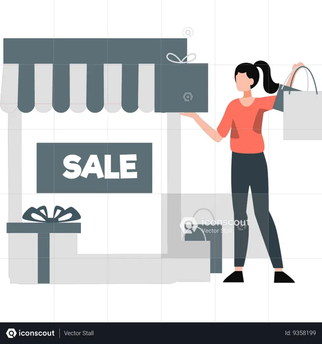 Mujer de compras en línea en venta  Ilustración