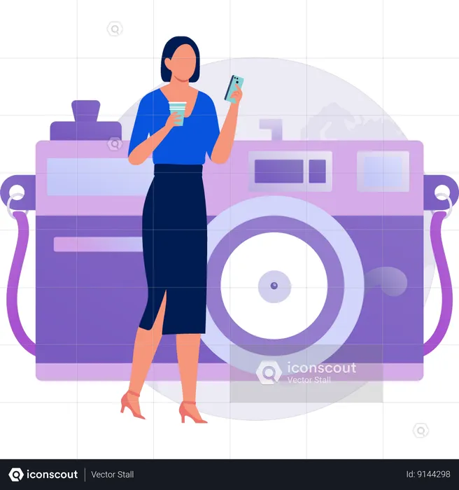 Mujer revisando la foto de la cámara usando el móvil  Ilustración