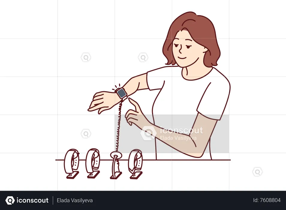 Mujer revisando nuevo reloj inteligente  Ilustración