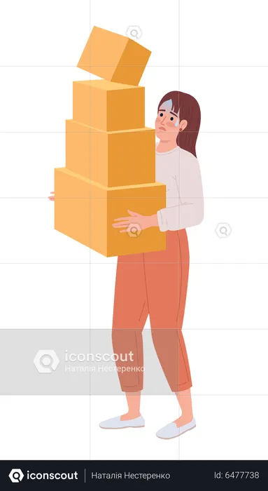 Mujer con pesadas cajas de cartón amontonadas en las manos  Ilustración