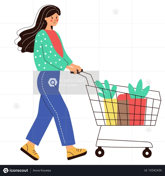 Mujer con carrito yendo a hacer compras  Ilustración