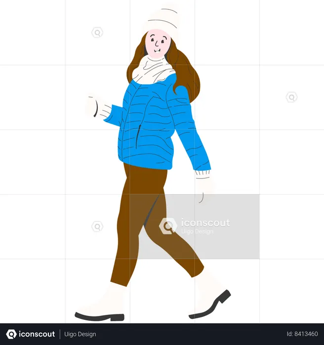 Mujer con chaqueta azul paseando en invierno  Ilustración