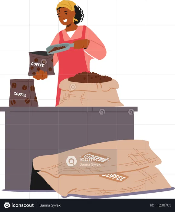 Mujer con delantal rosa llenando una bolsa de café con una pila de granos tostados  Ilustración