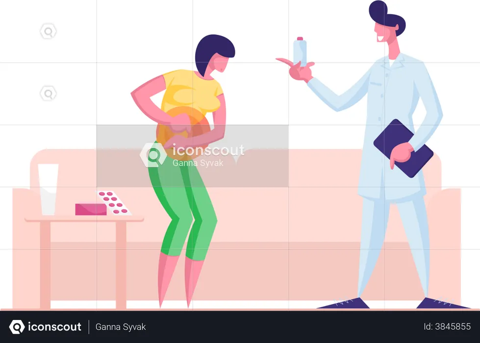 Mujer con dolor abdominal en el estómago y síntoma de indigestión gastrointestinal Llame al médico a casa  Ilustración