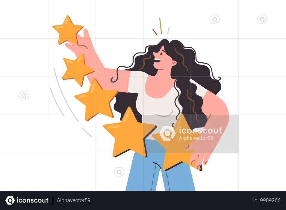 Mujer con estrellas en manos evalúa servicios recibidos  Ilustración