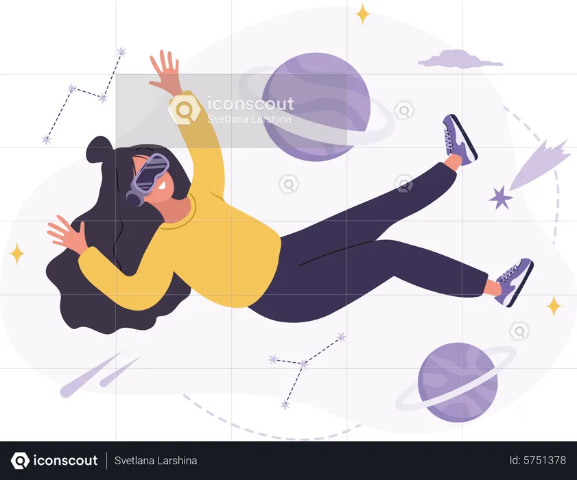 Mujer con gafas VR flotando en el espacio exterior  Ilustración