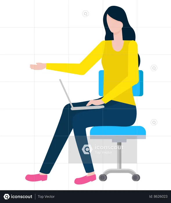 Mujer con computadora portátil sentada en una silla  Ilustración