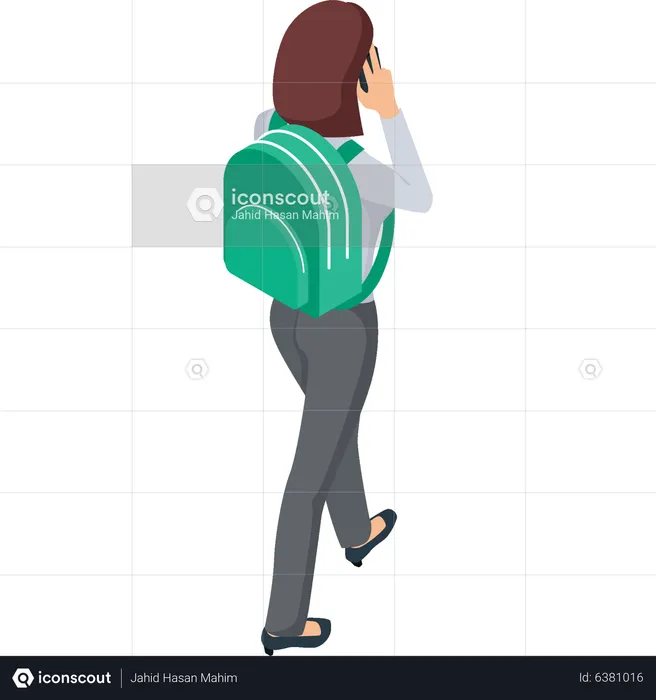 Mujer con mochila saliendo de vuelo  Illustration