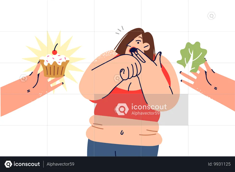 Una mujer con obesidad sufre un shock al elegir entre alimentos saludables y no saludables  Ilustración