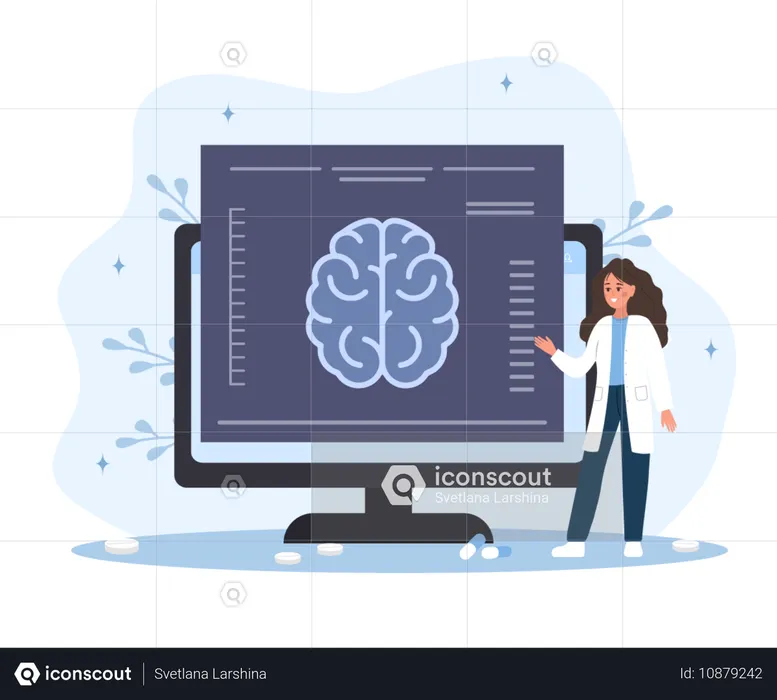 Mujer con uniforme médico estudia enfermedades cerebrales  Ilustración