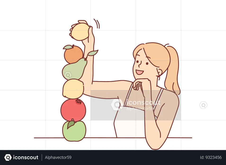 Una mujer construye una pirámide de frutas con alimentos orgánicos  Ilustración