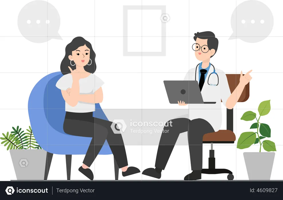 Mujer consultando con psiquiatra  Ilustración
