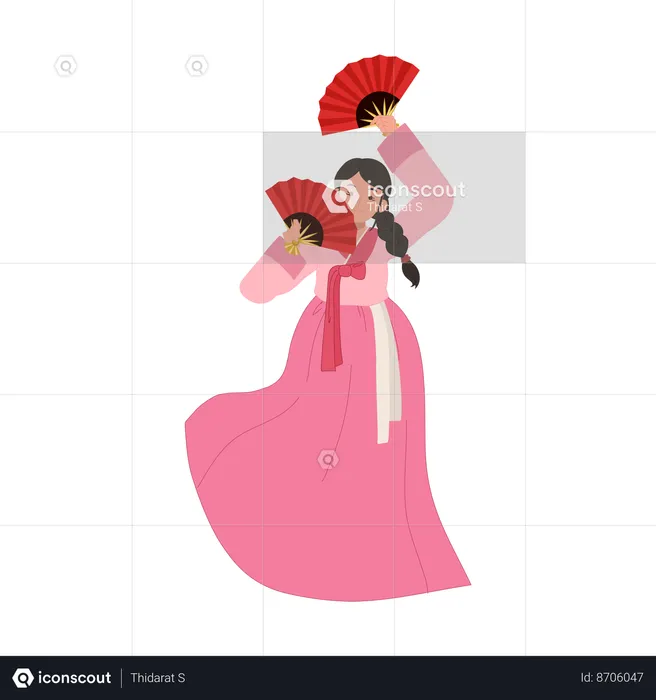 Mujer coreana en hanbok realizando danza tradicional de abanico  Ilustración