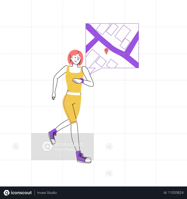 Mujer corriendo con ubicación en el mapa  Ilustración