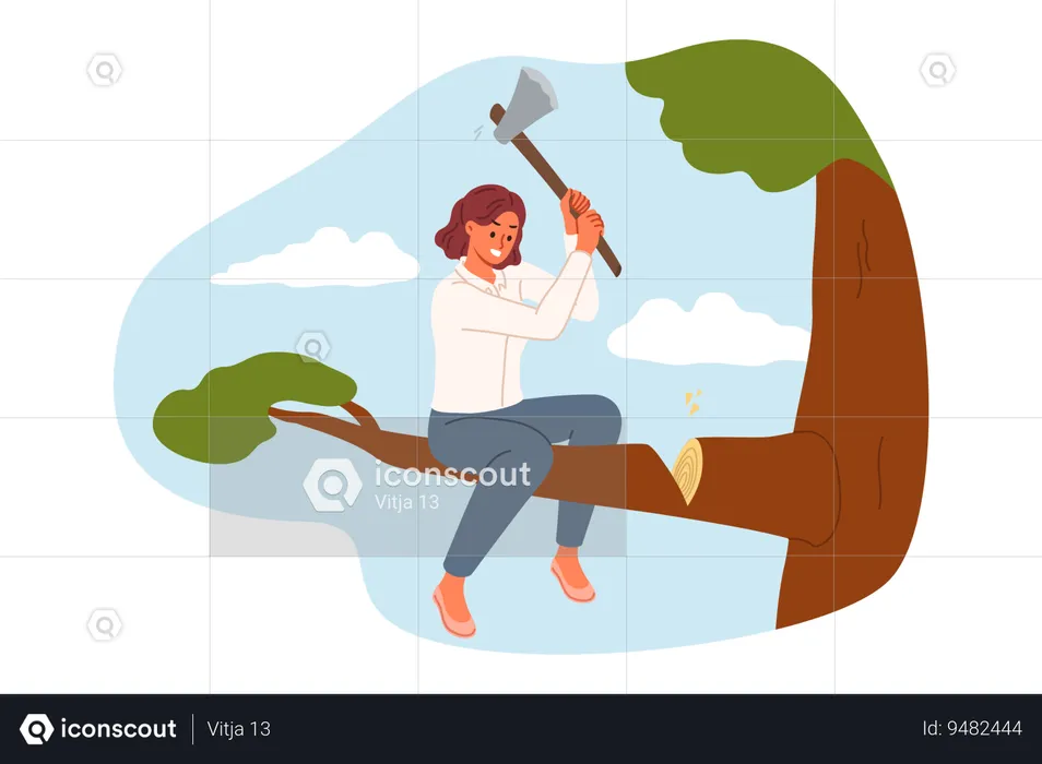 Mujer cortando árbol  Ilustración