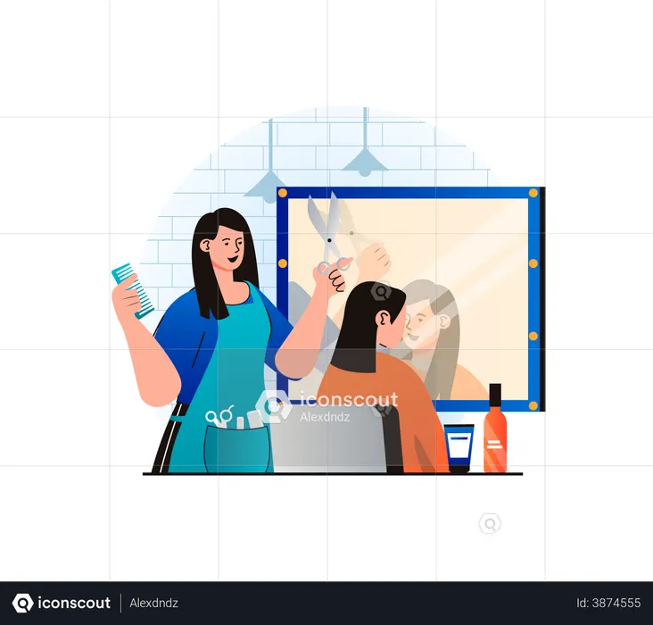 Mujer recibiendo sesión de corte de pelo  Ilustración