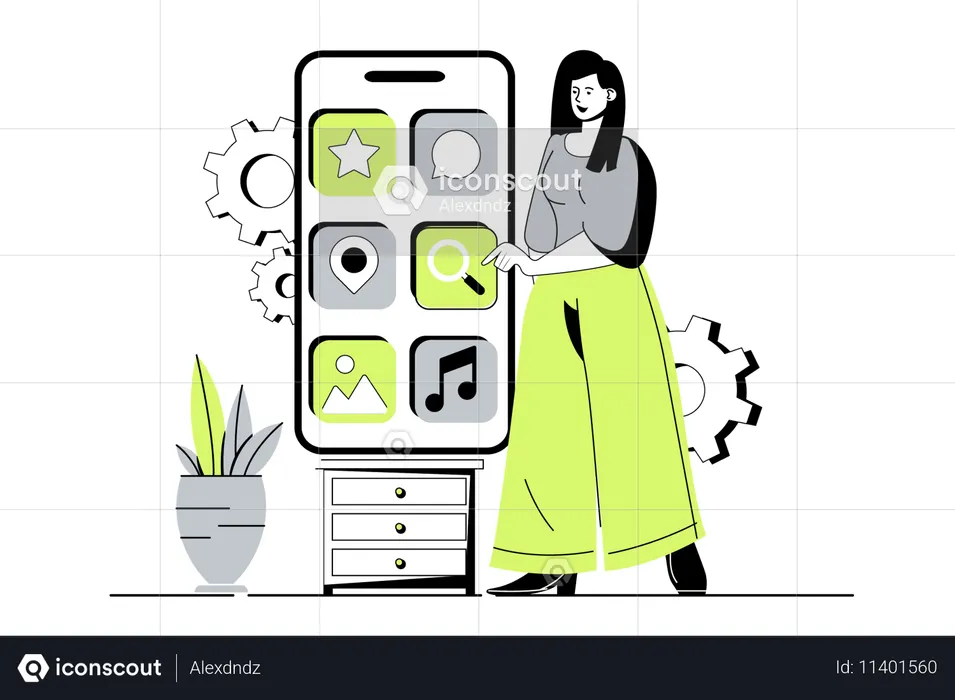 Mujer creando un diseño de interfaz móvil con botones de aplicación  Ilustración