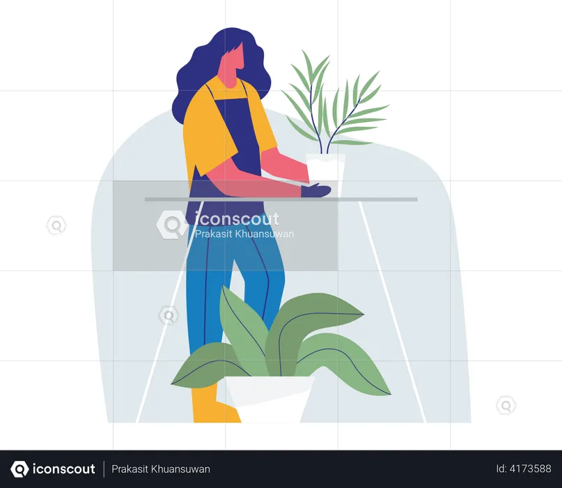 Mujer cuidando maceta  Ilustración