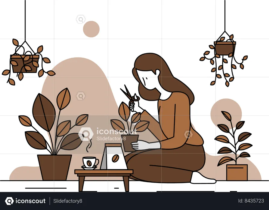 Mujer cuidando plantas y disfrutando del café.  Ilustración