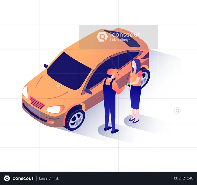 Mujer dando dinero en efectivo para el coche reparado al reparador  Ilustración