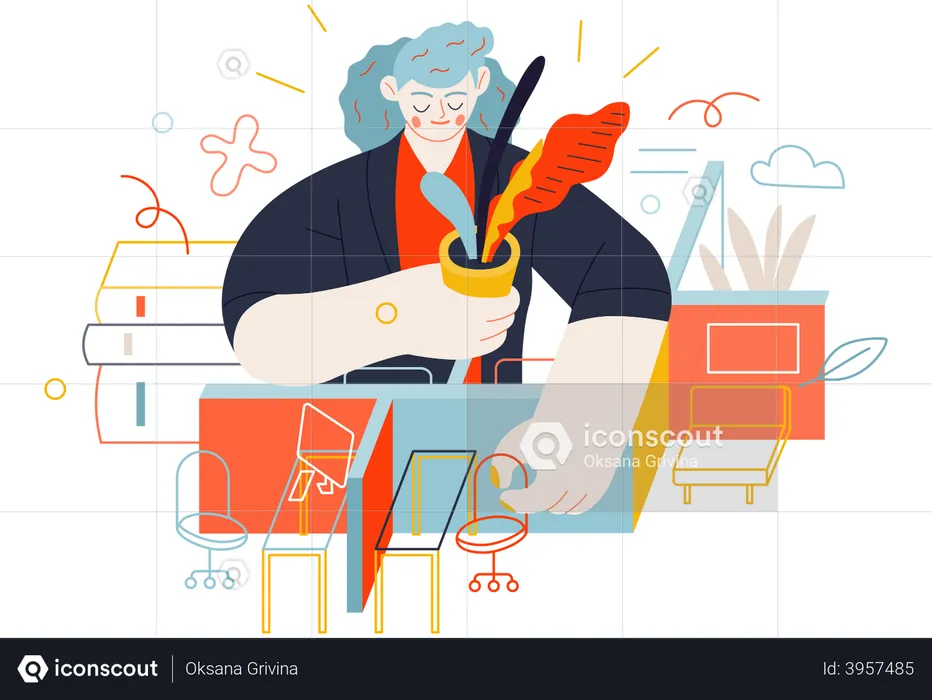 Mujer de negocios arreglando escritorio  Ilustración