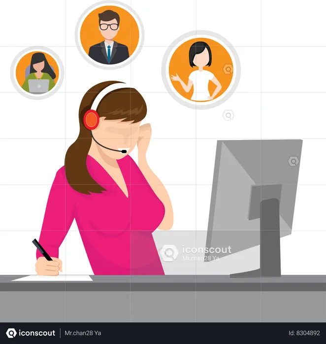 Mujer de negocios asiática trabajando en la oficina en el escritorio de la habitación hablando por teléfono con clientes para servicios  Ilustración