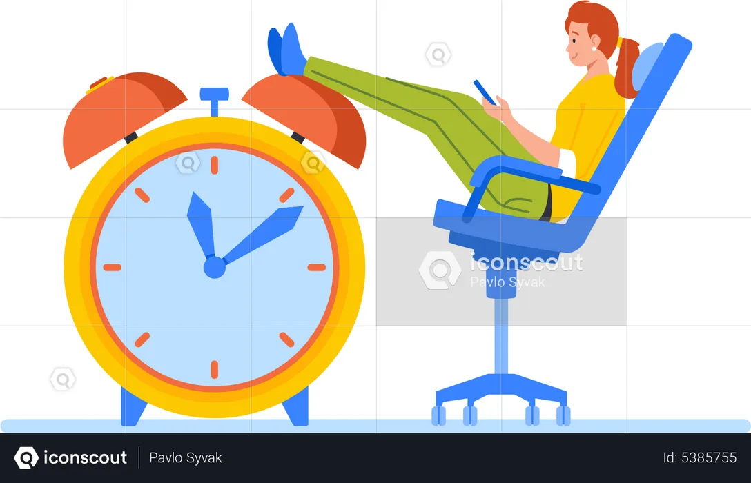 Mujer de negocios sentada en una silla con las piernas en el despertador charlando en Internet  Ilustración