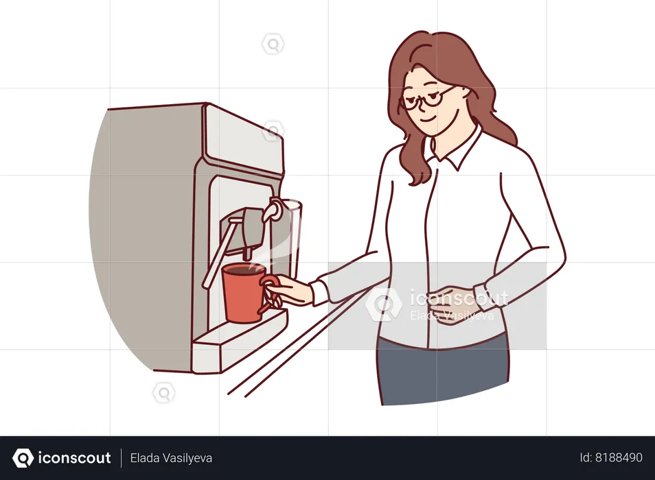 Mujer de negocios sirviendo café en una taza de la máquina de café expreso durante el almuerzo en la oficina  Ilustración