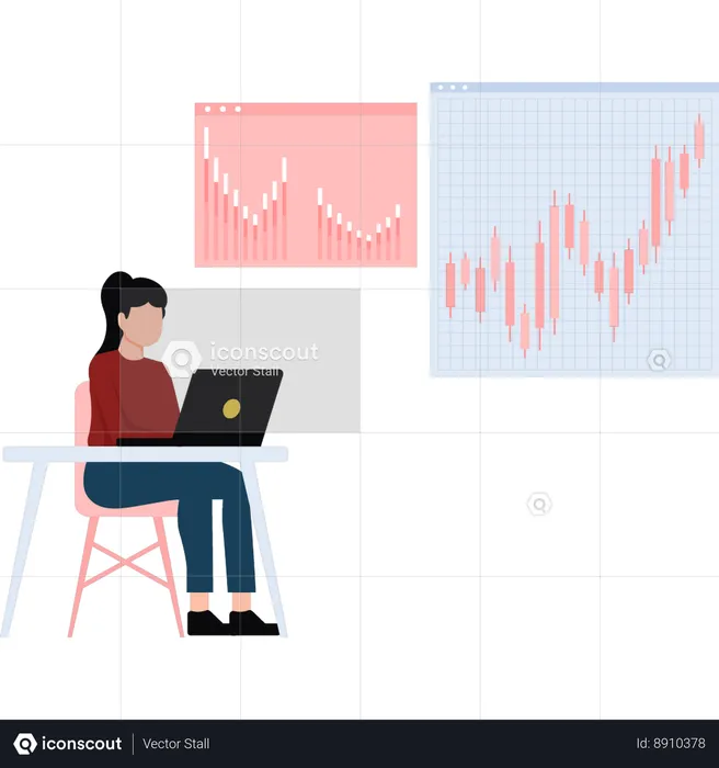 Empresaria usando laptop sobre desempeño financiero  Ilustración