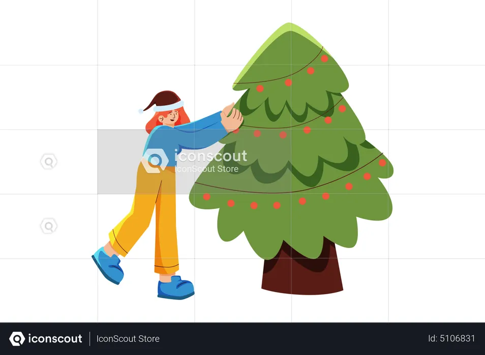 Mujer decorar árbol de navidad  Ilustración