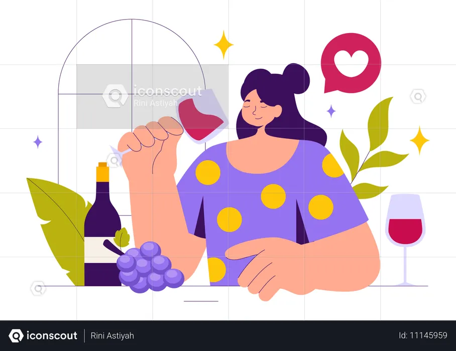 Mujer degustando vino en bodega  Ilustración