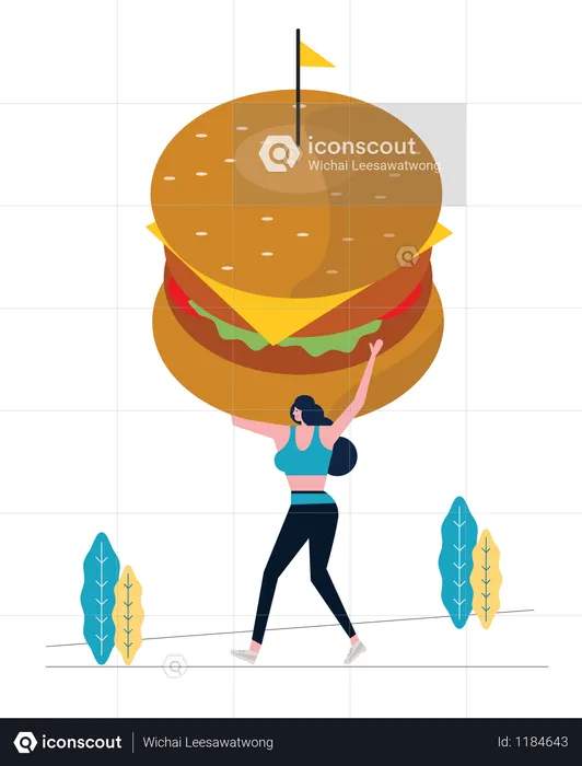 Mujer deportiva sosteniendo una hamburguesa grande y haciendo ejercicio  Ilustración