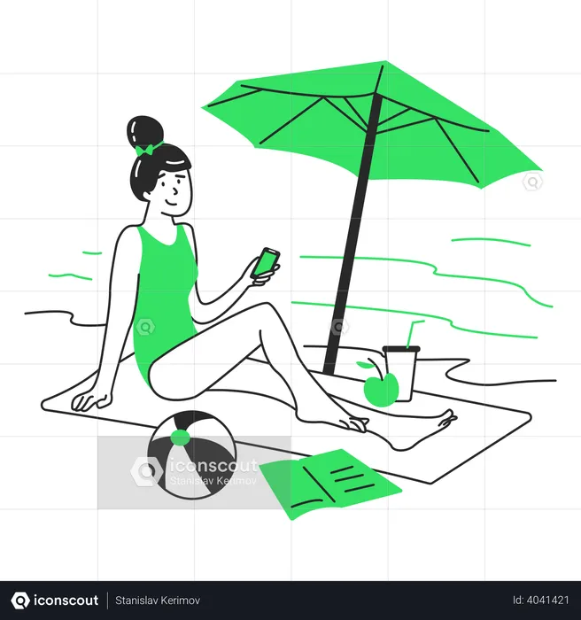 Mujer descansando en la playa bajo una sombrilla  Ilustración