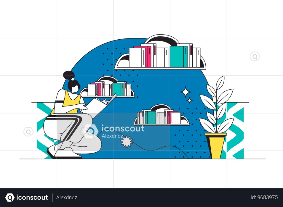 Mujer descargando archivos de la biblioteca en la nube  Ilustración