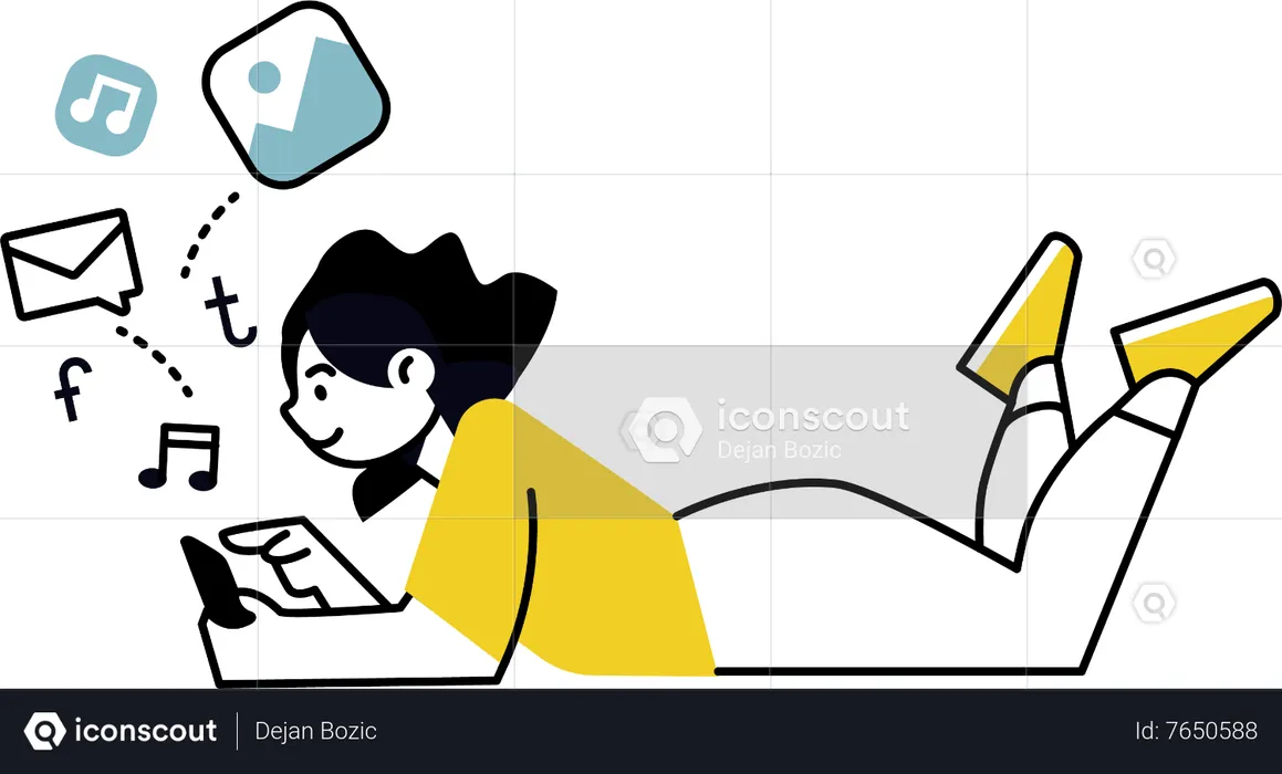 Mujer desplazándose por la aplicación de redes sociales  Ilustración