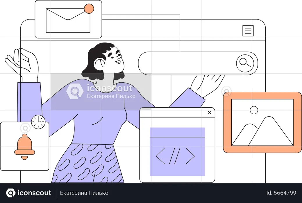 Mujer diseñadora trabajando en la interfaz de usuario web  Ilustración