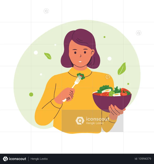 Mujer disfrutando de una ensalada saludable  Ilustración