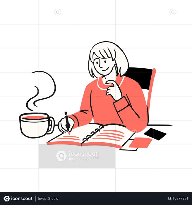 Mujer disfrutando de un café mientras anota sus planes de Año Nuevo en un cuaderno  Ilustración