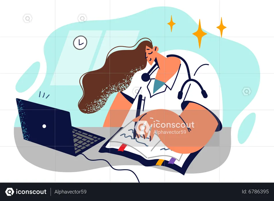 Doctora con computadora portátil  Ilustración