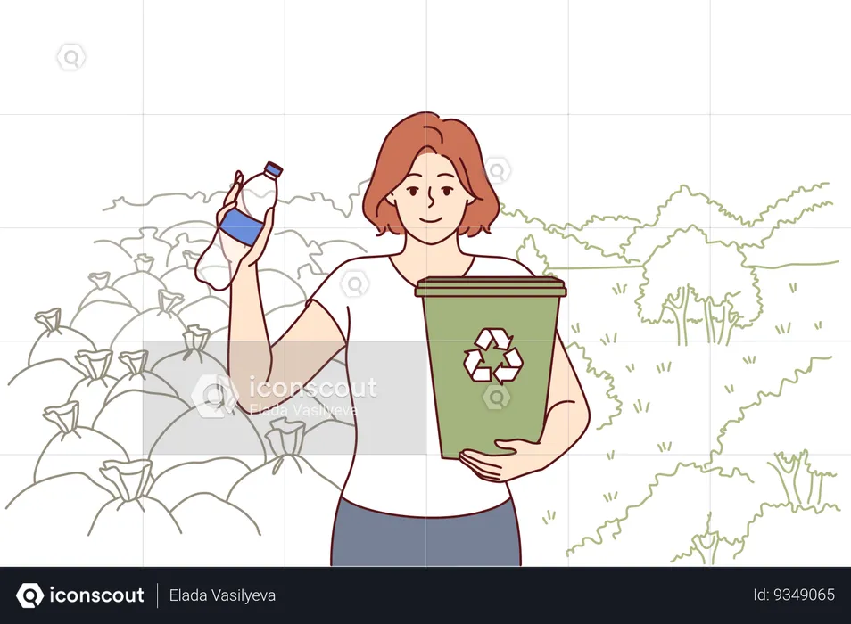 Mujer ecologista pide recogida selectiva de basura y reciclaje de botellas de plástico sostiene cubo  Ilustración