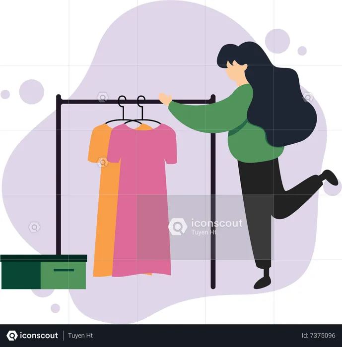 Mujer eligiendo ropa en la tienda  Ilustración