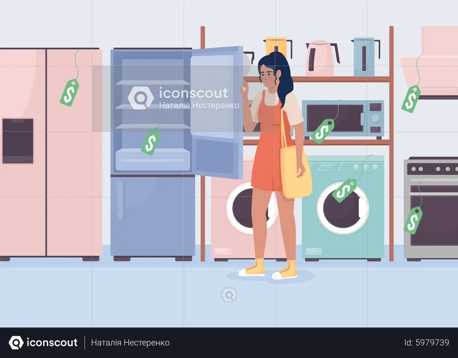 Mujer elige refrigerador  Ilustración