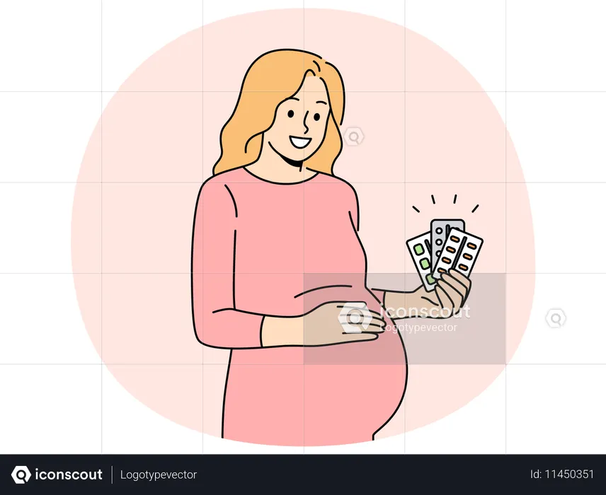 Mujer embarazada sosteniendo blísteres de pastillas y vitaminas para reforzar la inmunidad del bebé en el útero  Ilustración