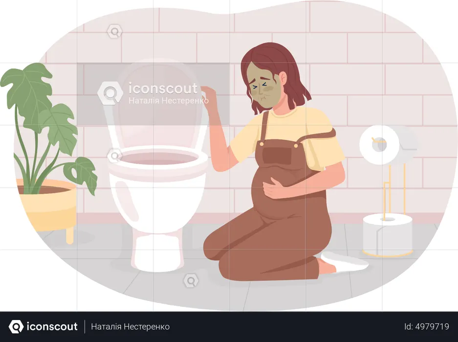 Mujer embarazada con náuseas en el baño  Ilustración