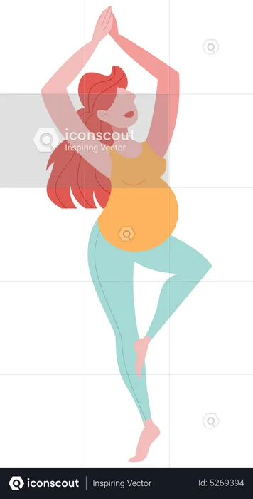 Mujer embarazada equilibrio cuerpo sobre una pierna  Ilustración