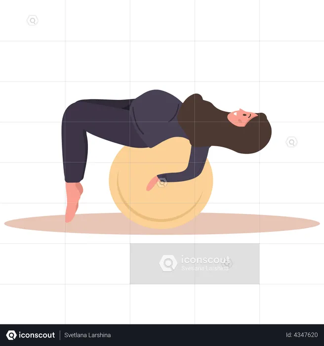 Mujer embarazada haciendo ejercicio de yoga usando pelota de gimnasia  Ilustración