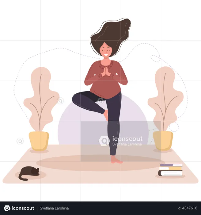 Mujer embarazada haciendo yoga  Ilustración