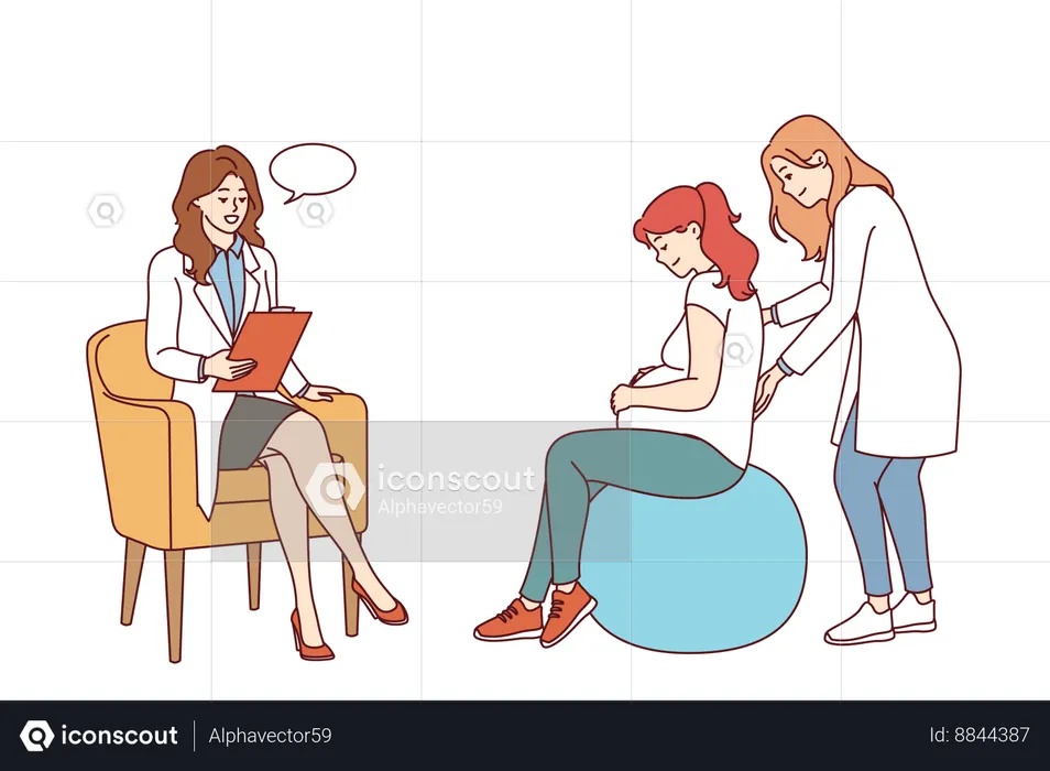 La mujer embarazada se sienta en una pelota de fitness inflable  Ilustración